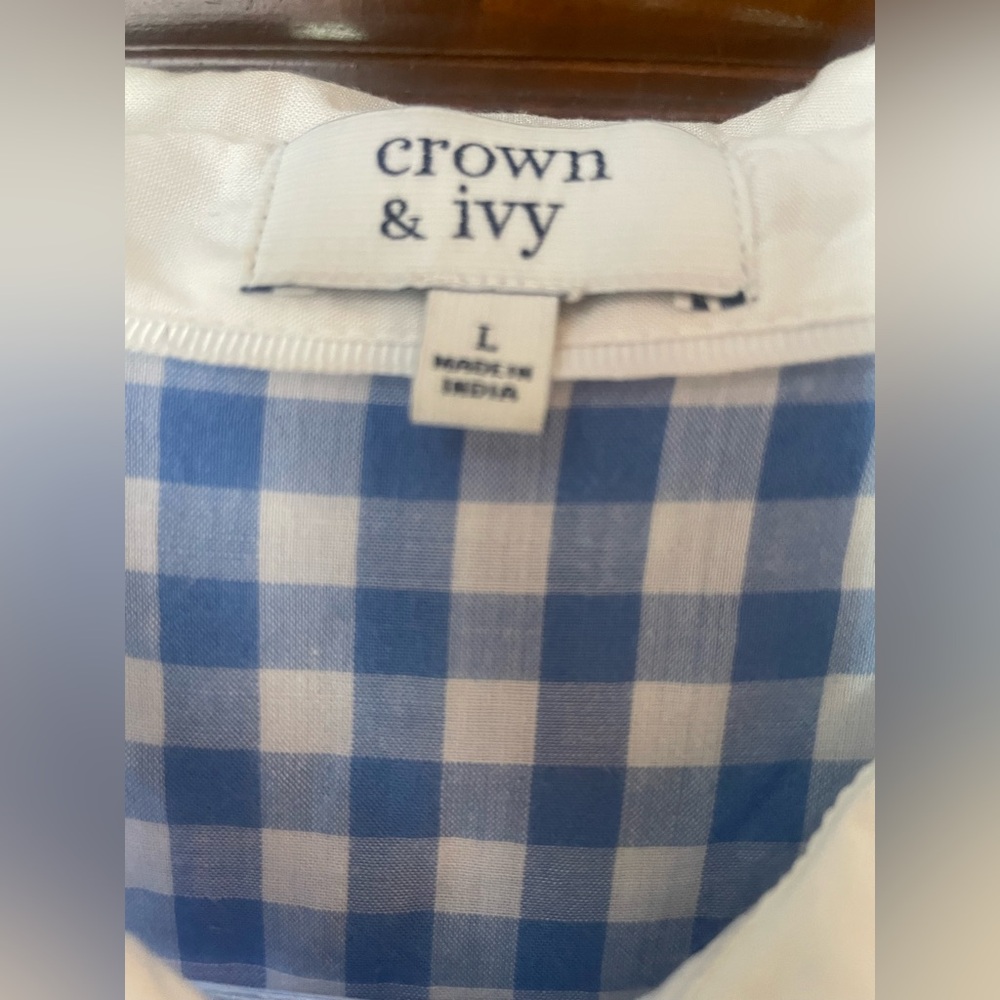 Crown & Ivy blue  & white Gingham Check white  Collared Long Sleeve Shirt - Picture 5 of 7